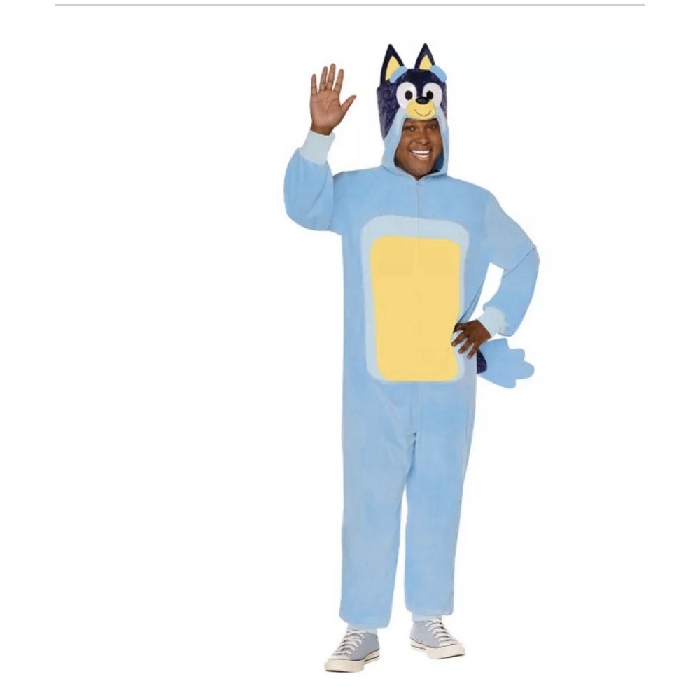 Spirit Halloween Bluey Adult Bandit Hooded Plush Jumpsuit Costume w/ Tail, S/M